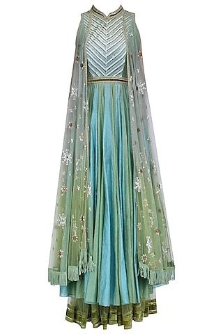 jade green and powder blue two tone attached wings anarkali set