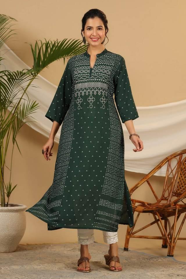 jade green bandhani printed rayon slub kurta with pant set