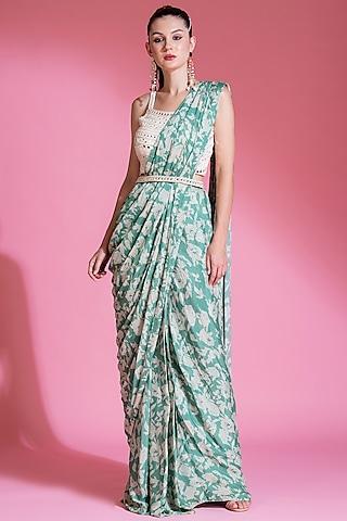 jade green chinon digital printed pre-draped pleated saree set