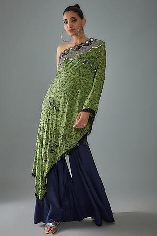 jade green crepe printed & hand embroidered one-shoulder cape set