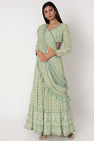 jade green embroidered anarkali gown with dupatta
