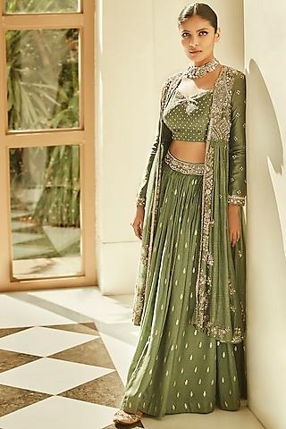 jade green embroidered lehenga set with cape