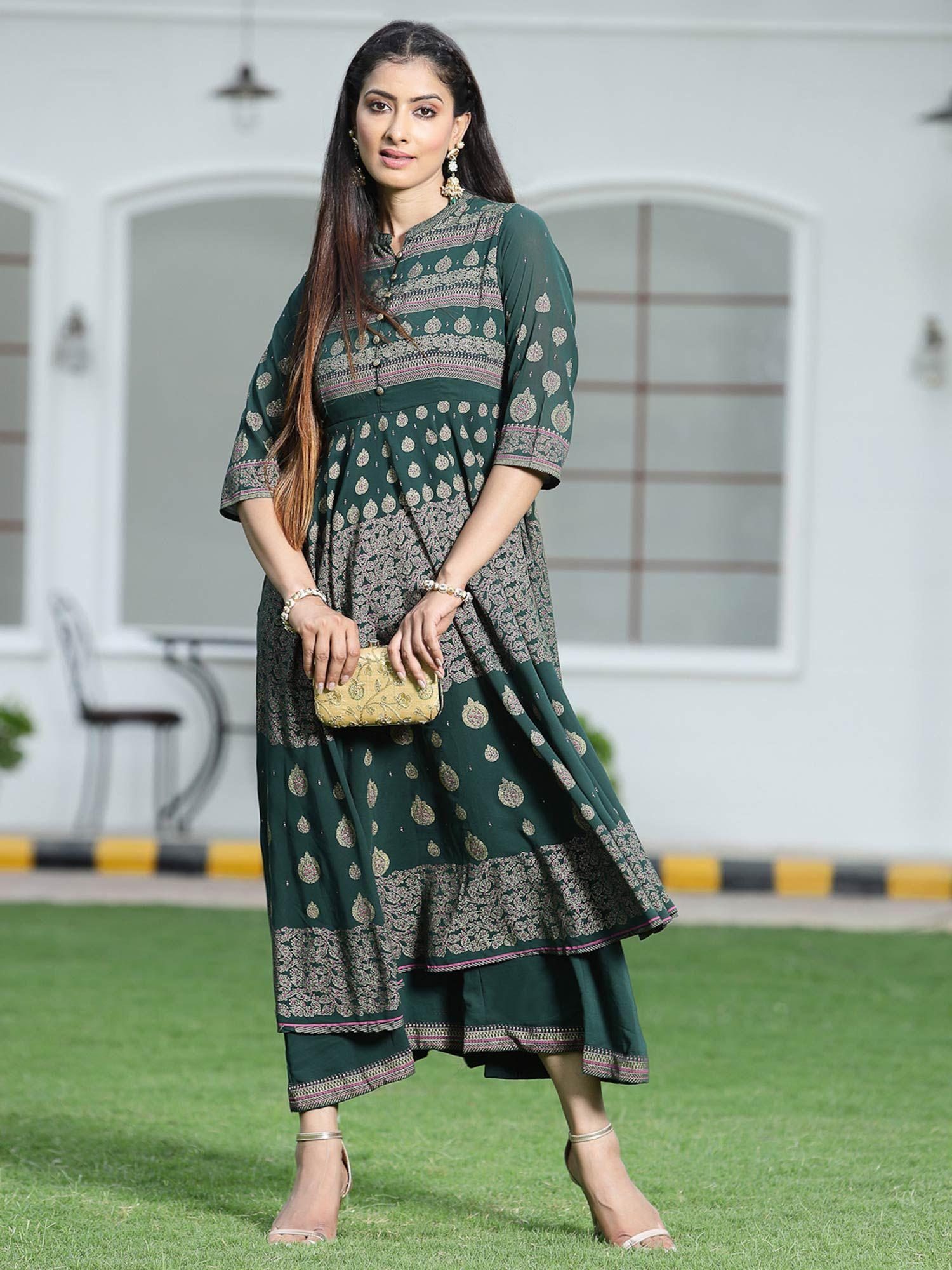 jade green ethnic motif printed georgette layered maxi dress