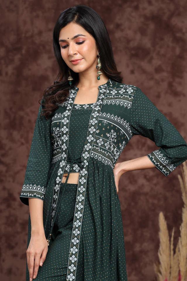 jade green ethnic motif printed rayon jacket style kurta _ pants set.