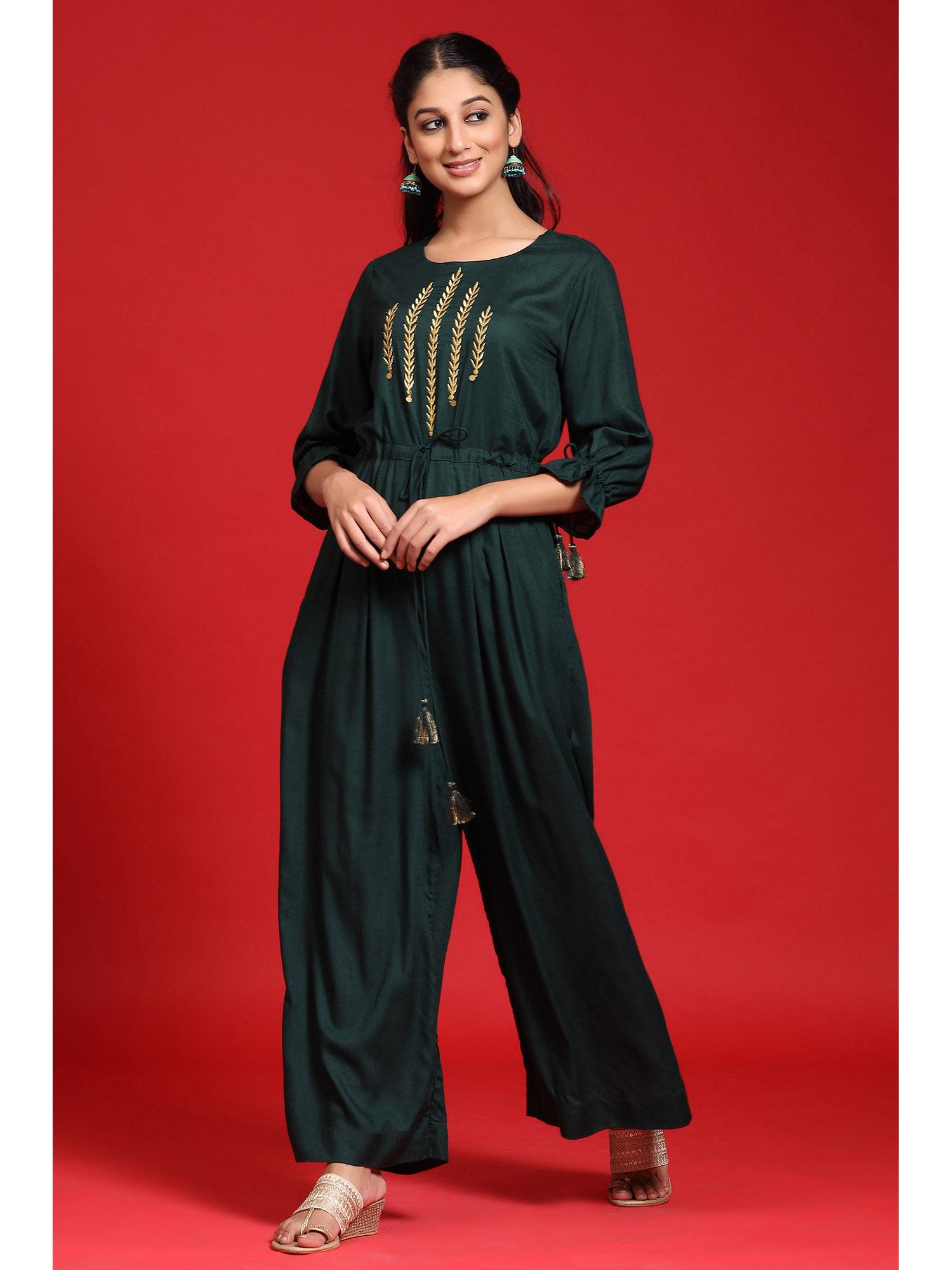 jade green ethnic motif printed rayon slub jumpsuit with zari work embroidery