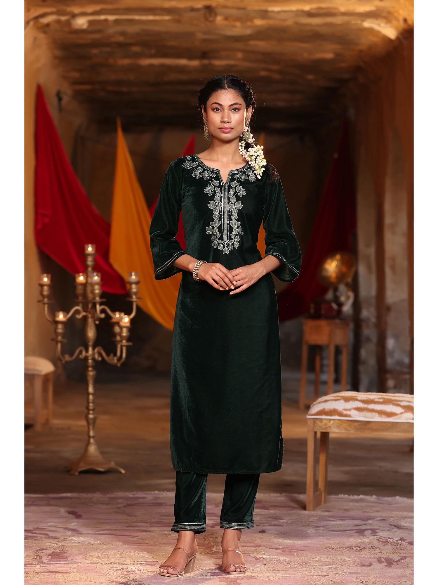 jade green ethnic motif printed velvet straight kurta & pants set with zari work embroidery.