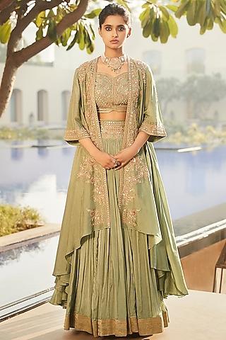 jade green hand embroidered lehenga set with cape