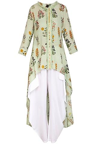 jade green high-low embroidered tunic with dhoti pants