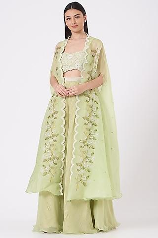 jade green organza digital printed cape set