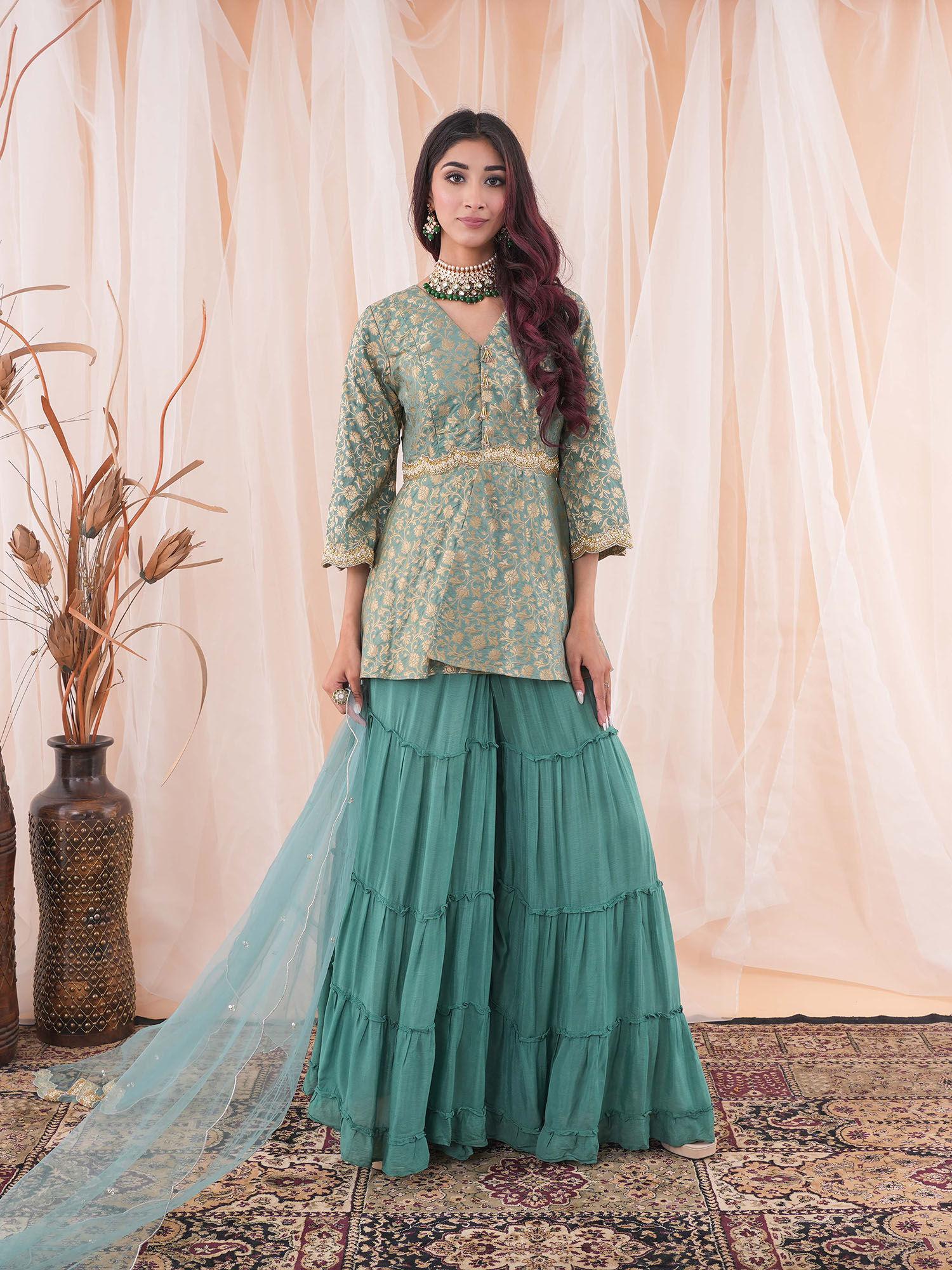 jade green peplum sharara (set of 3)