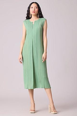 jade green polyester box pleated midi dress