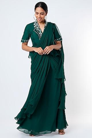 jade green pre-stitched saree set with embroidered jacket