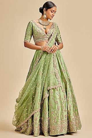 jade green taffeta zari embroidered lehenga set