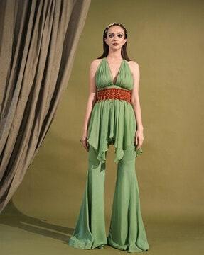 jade plated top with bell bottom pants