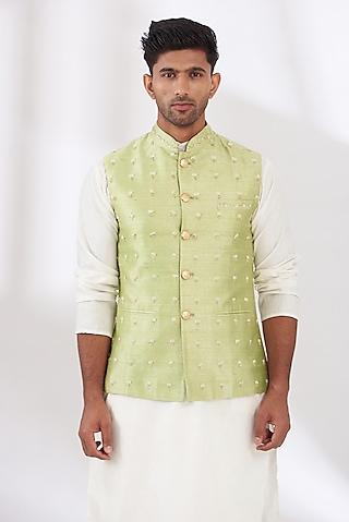 jade raw silk embroidered nehru jacket