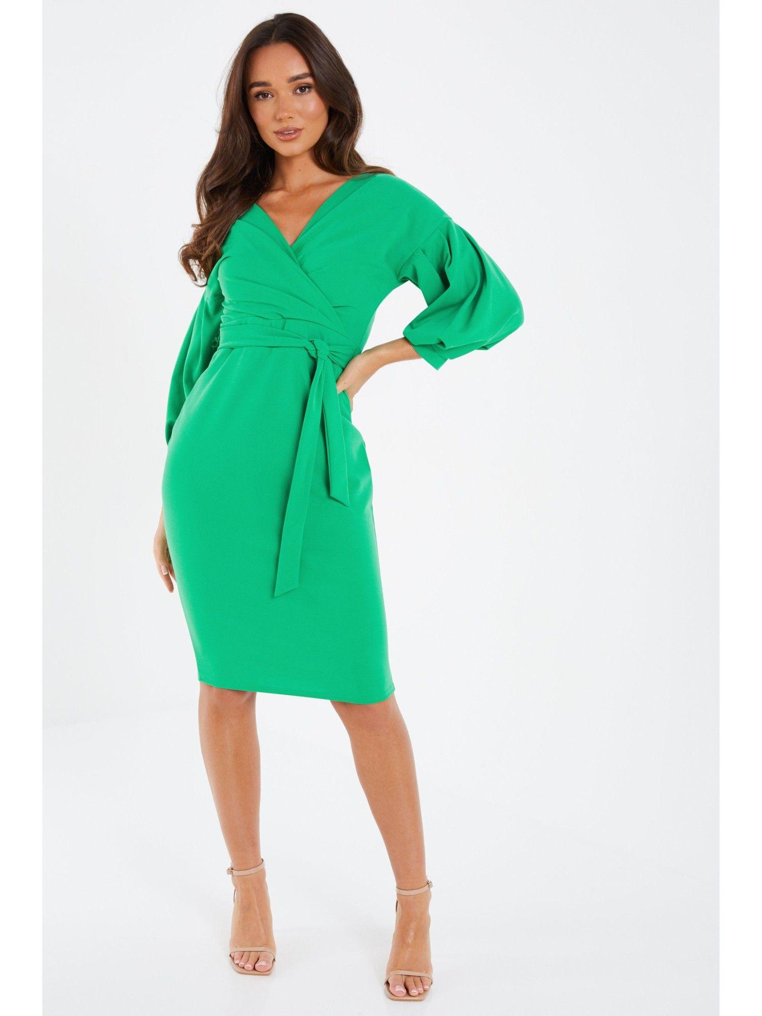 jade scuba crepe 3/4 sleeve wrap knee dress