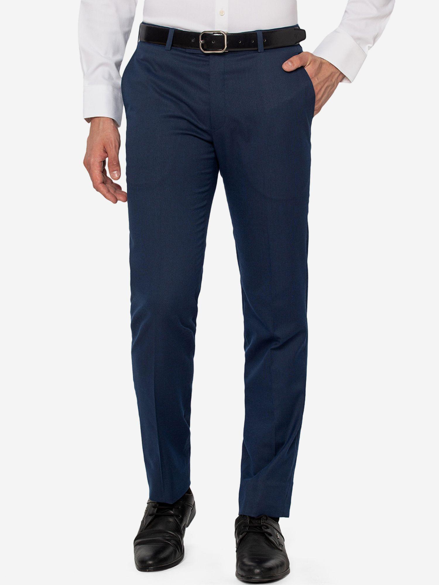 jadeblue men solid navy blue poly viscose slim fit formal trouser