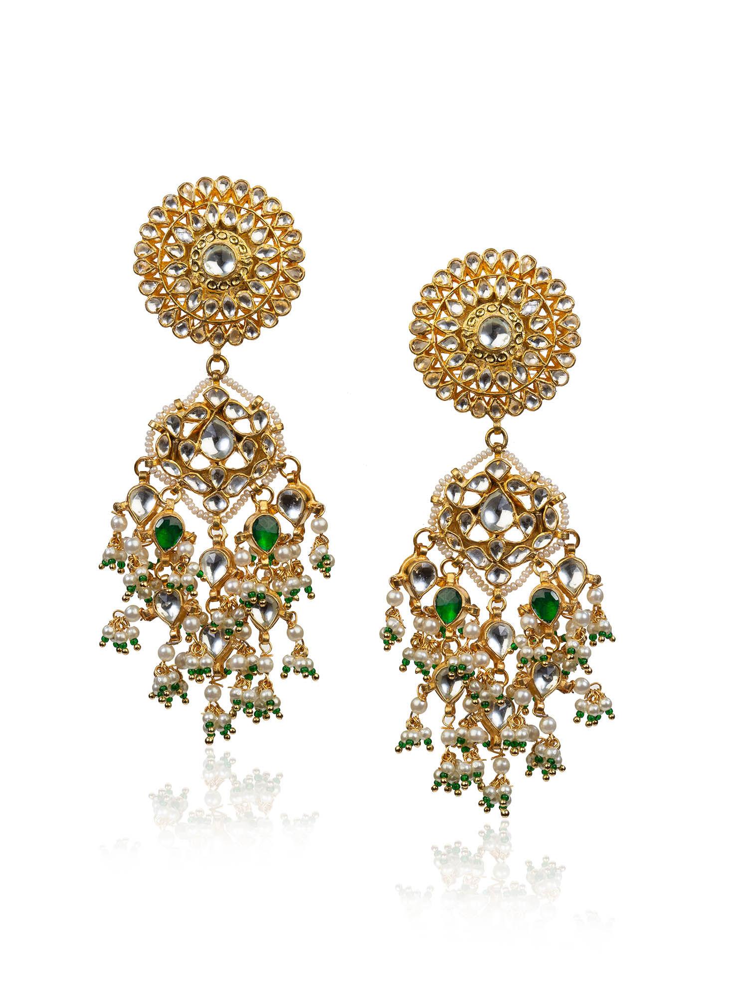 jadtar earrings studded with green & white stones beaded with pearls & green beads