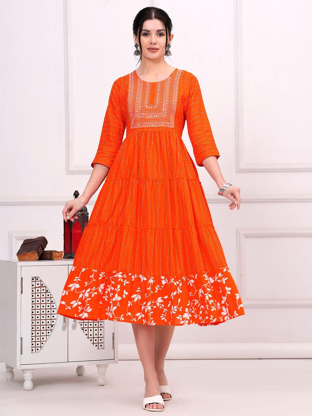 jahida comfort with style polka dot print embellished fit & flare midi ethnic dress