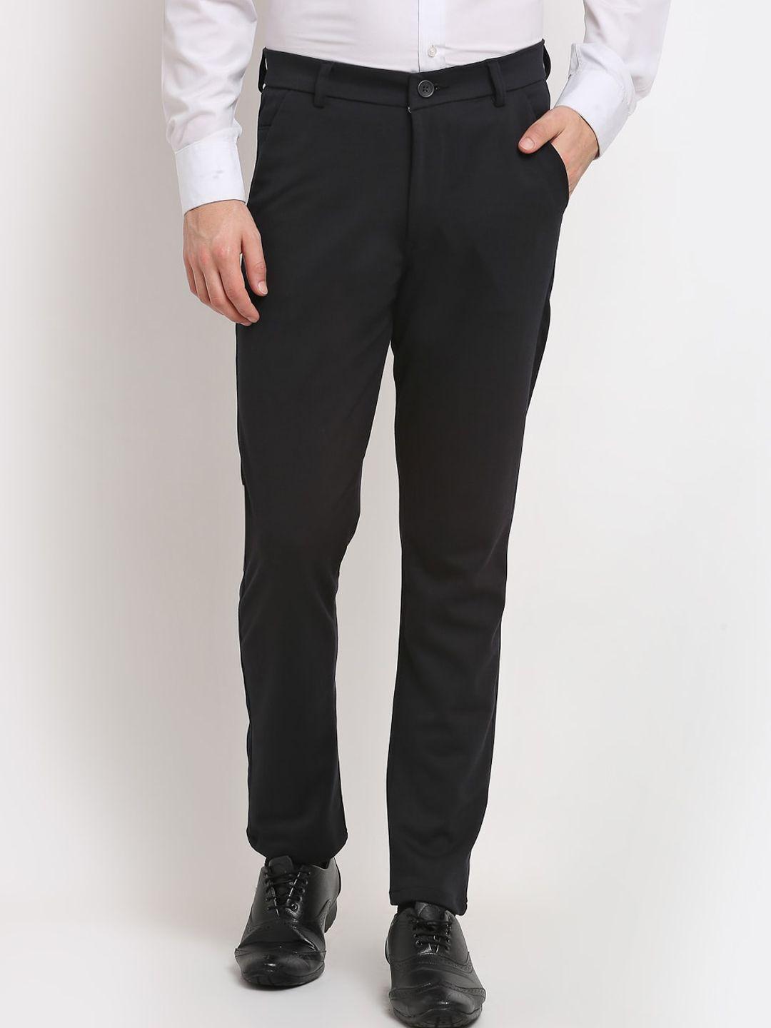 jainish men black solid smart tapered fit easy wash formal trousers