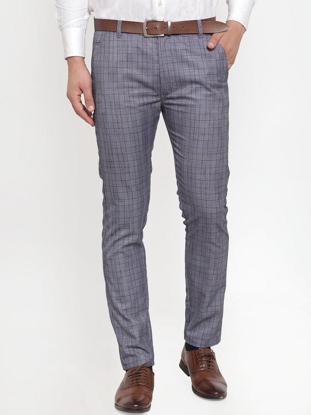 jainish men blue checked smart tapered fit formal trousers