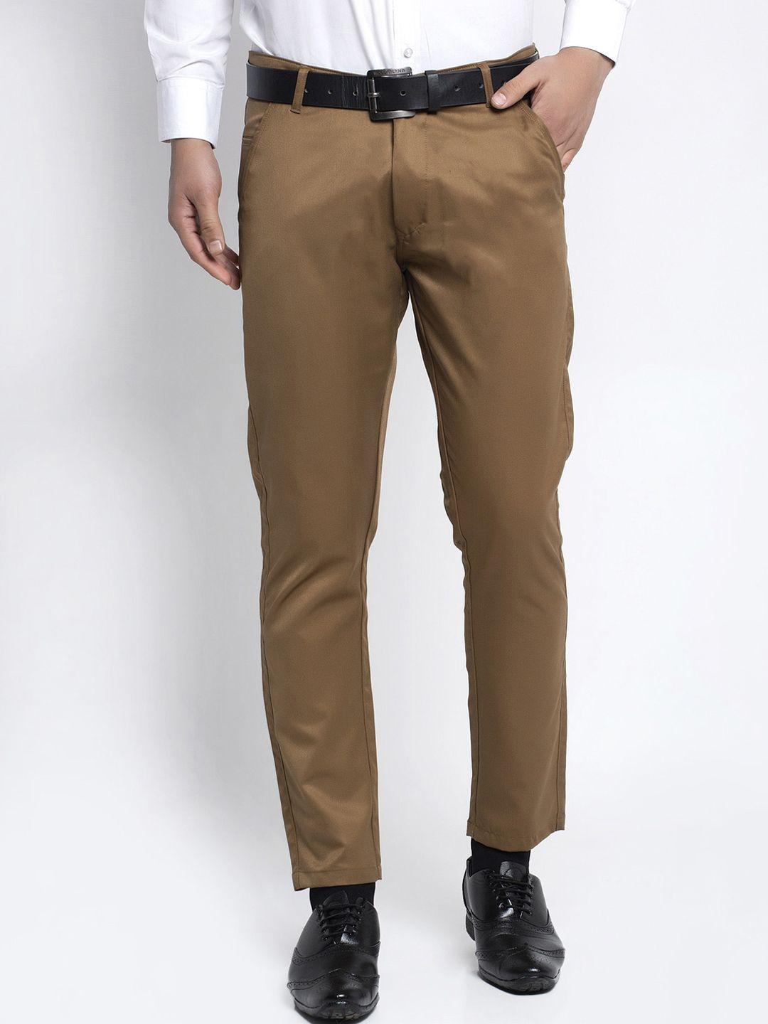 jainish men brown slim fit solid formal trousers