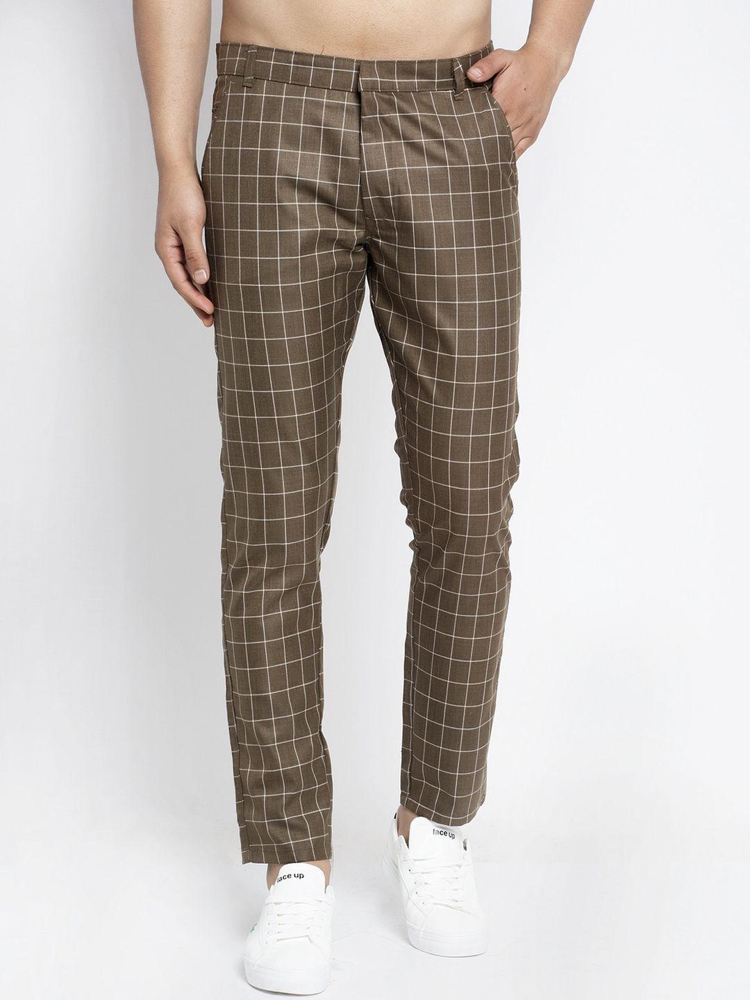 jainish men coffee brown checked smart slim fit easy wash trousers