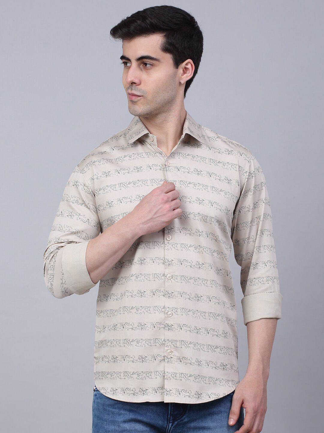 jainish men cream-coloured classic printed casual shirt