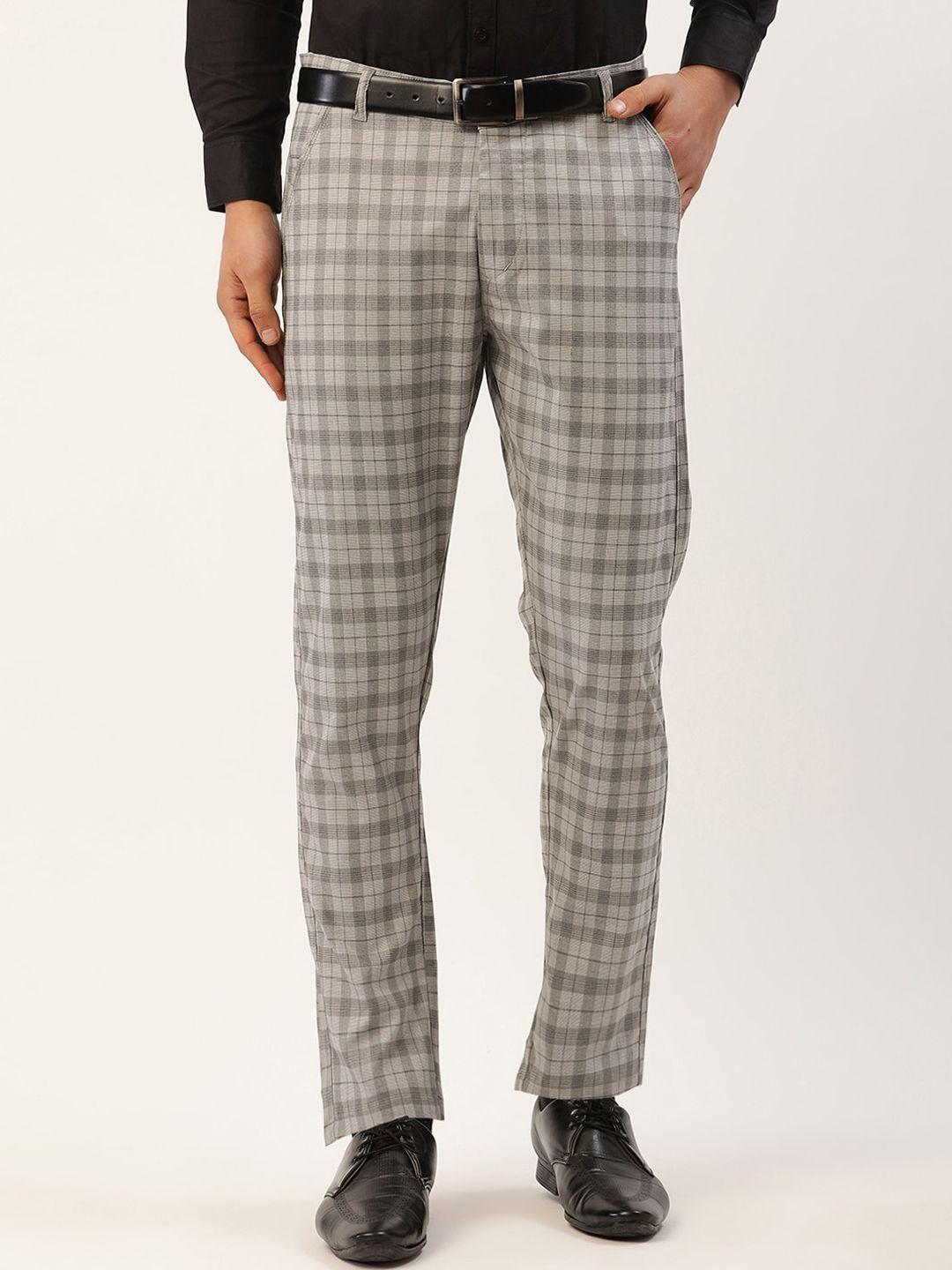 jainish men grey checked tailored slim fit easy wash trousers