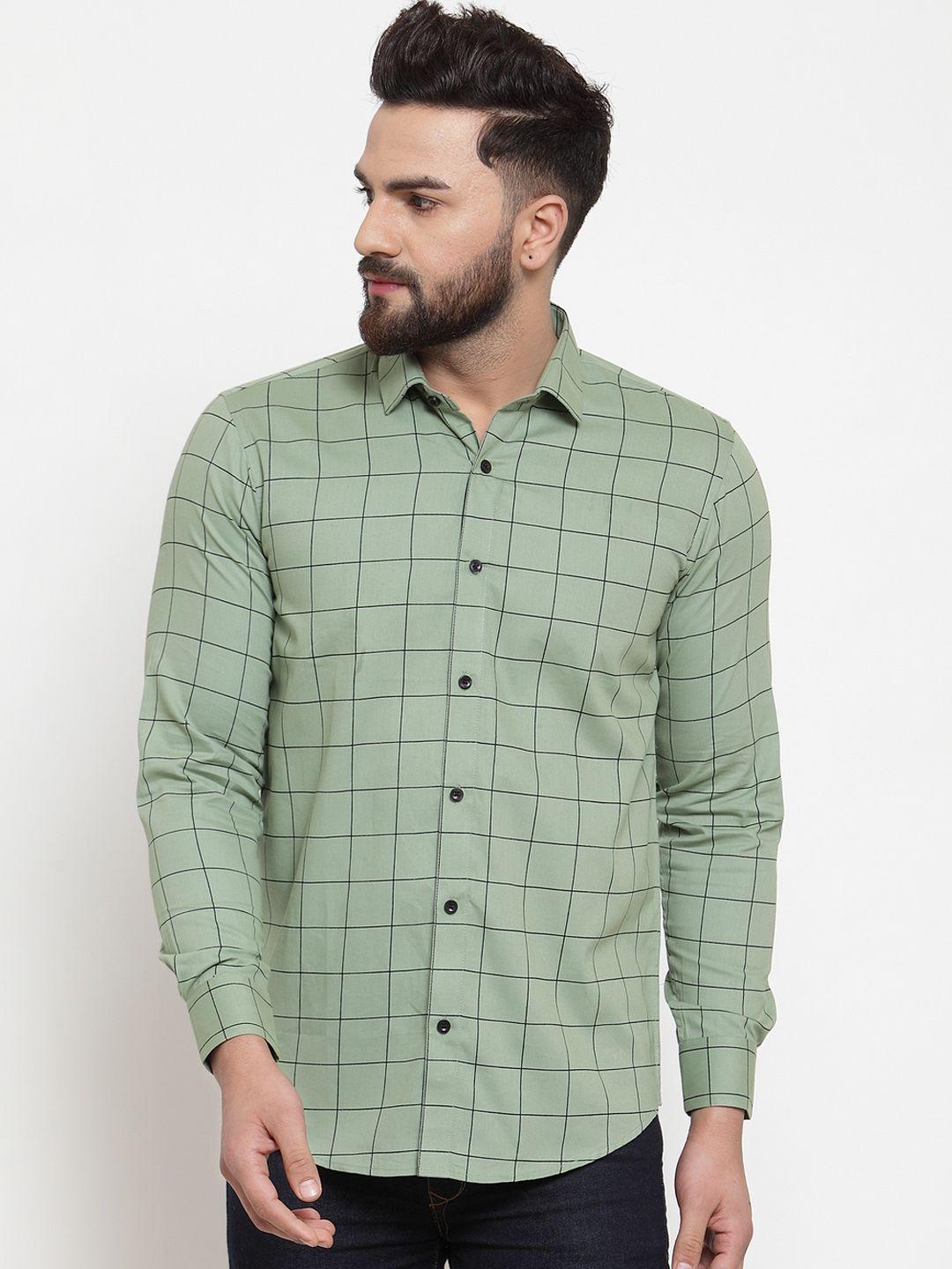 jainish men mint green & black regular fit checked casual shirt