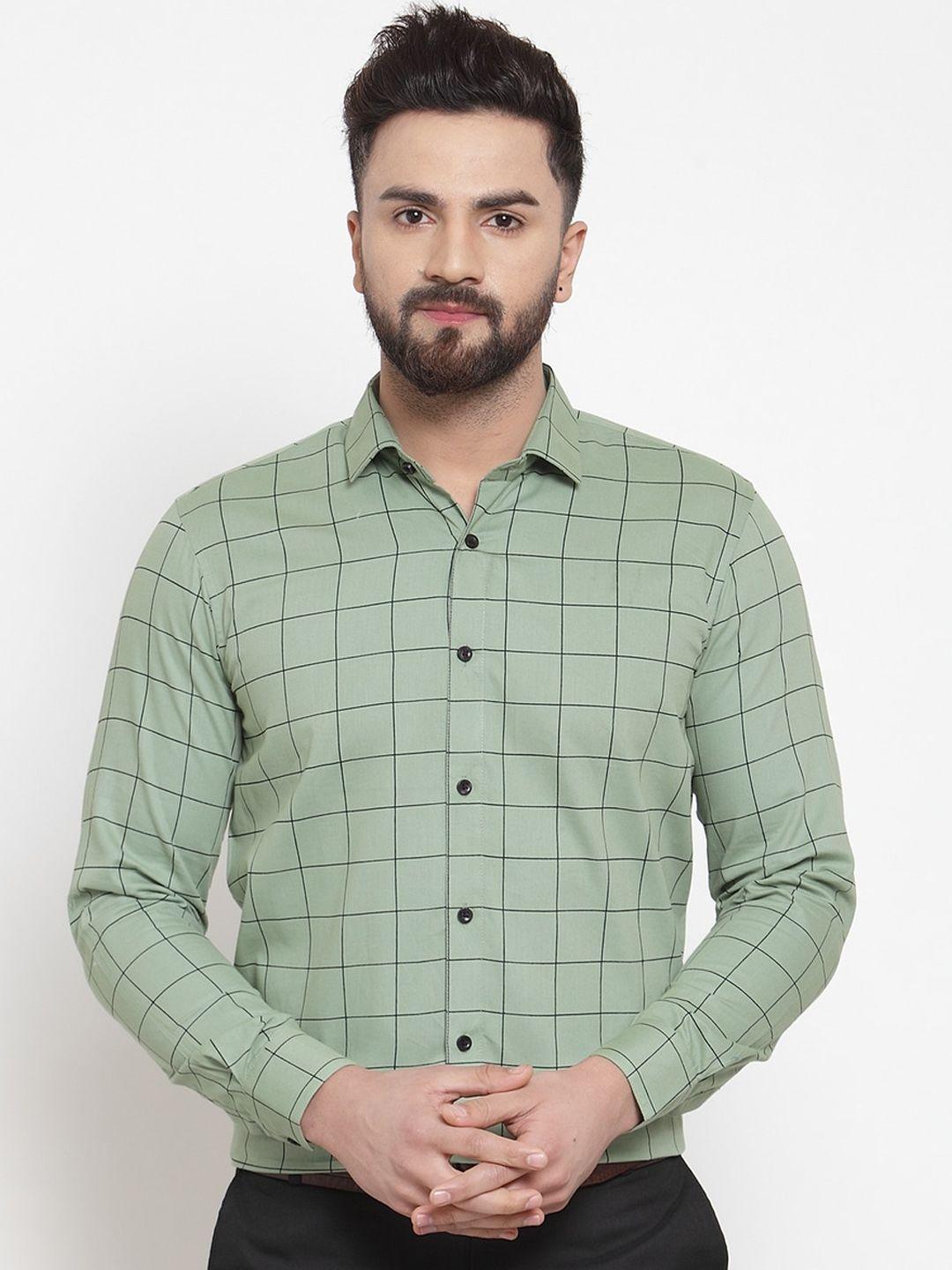 jainish men sea green & black regular fit checked casual shirt