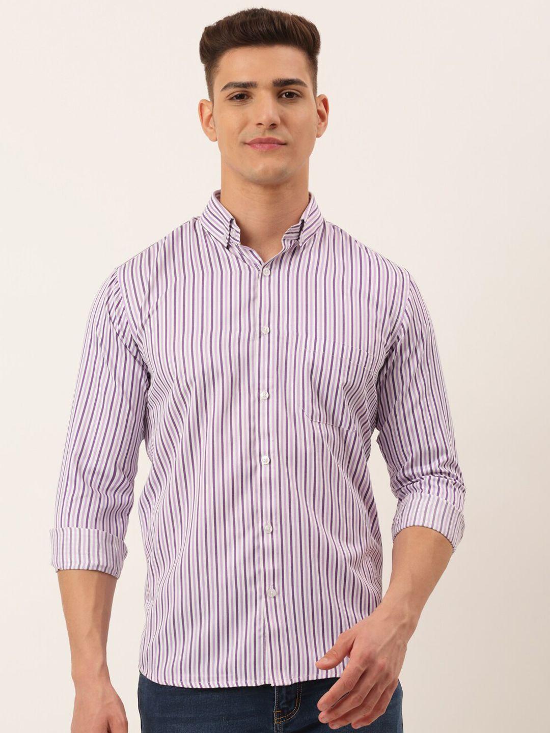 jainish men violet classic slim fit striped casual cotton shirt
