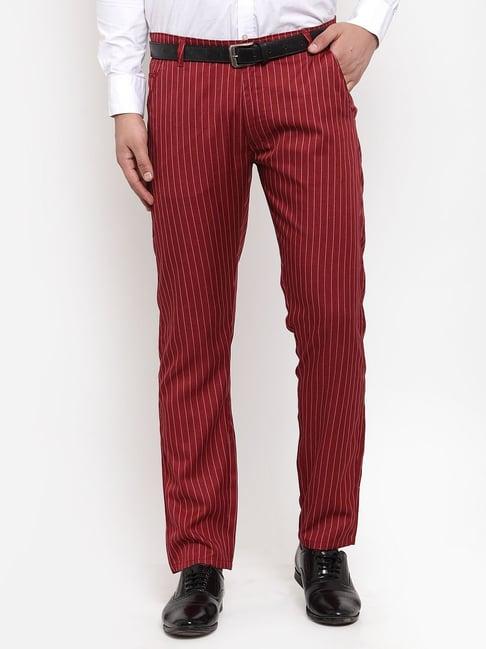 jainish red cotton tapered fit striped flat front trousers