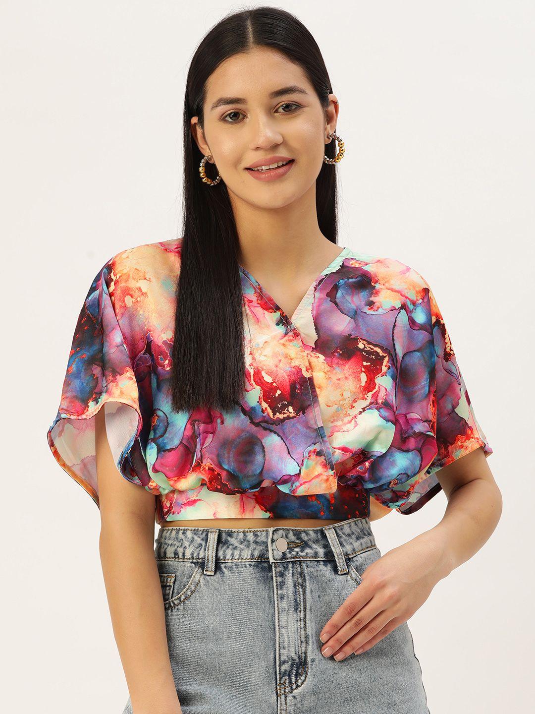 jainish abstract printed flared sleeves wrap crop satin top