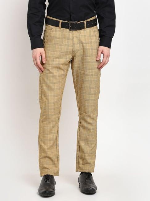 jainish beige cotton tapered fit checks flat front trousers