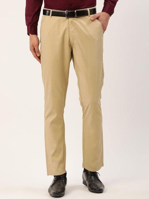 jainish beige cotton tapered fit checks flat front trousers