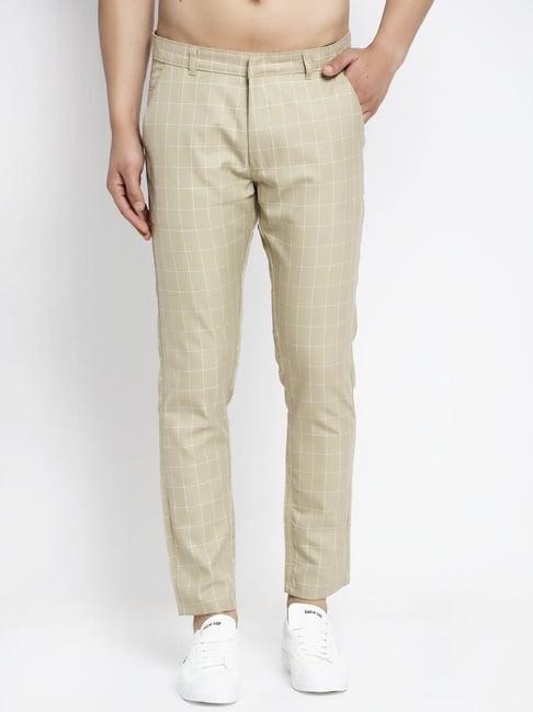 jainish beige cotton tapered fit checks trousers