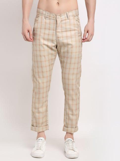 jainish beige cotton tapered fit checks trousers