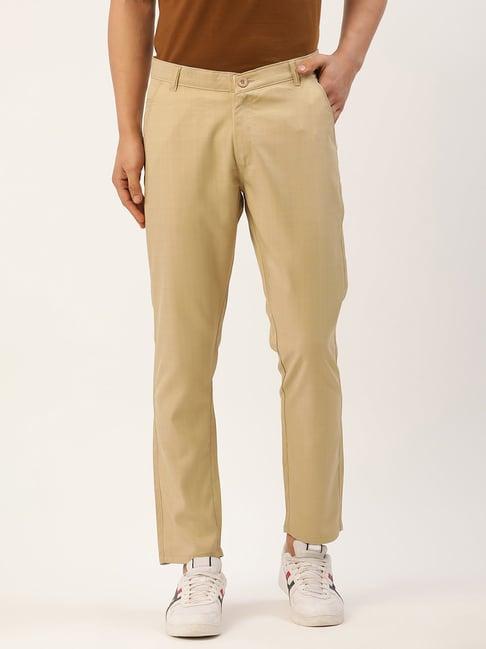 jainish beige cotton tapered fit checks trousers