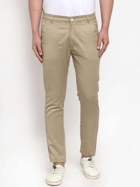 jainish beige cotton tapered fit flat front trousers
