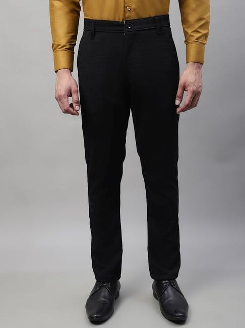 jainish black cotton tapered fit texture trousers