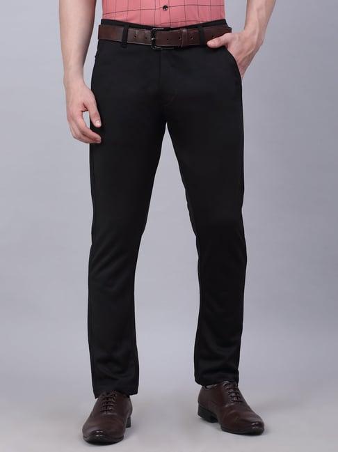 jainish black tapered fit flat front trousers