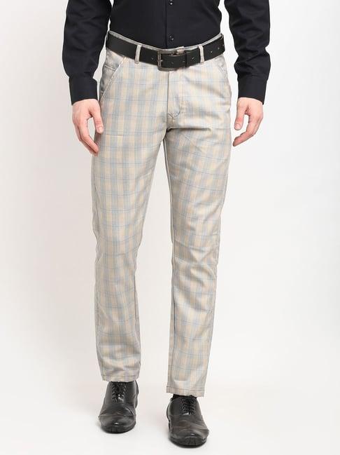 jainish blue cotton tapered fit checks flat front trousers