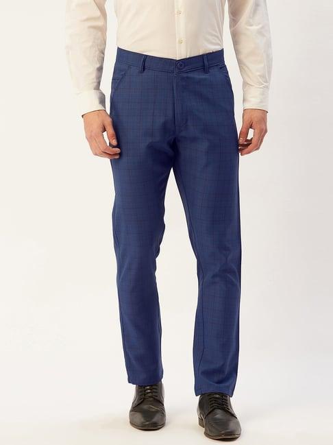 jainish blue cotton tapered fit checks flat front trousers