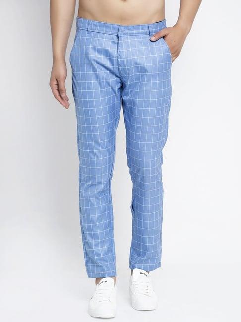 jainish blue cotton tapered fit checks trousers