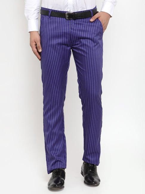 jainish blue cotton tapered fit striped flat front trousers