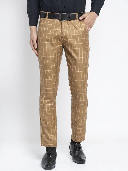 jainish brown cotton tapered fit checks flat front trousers