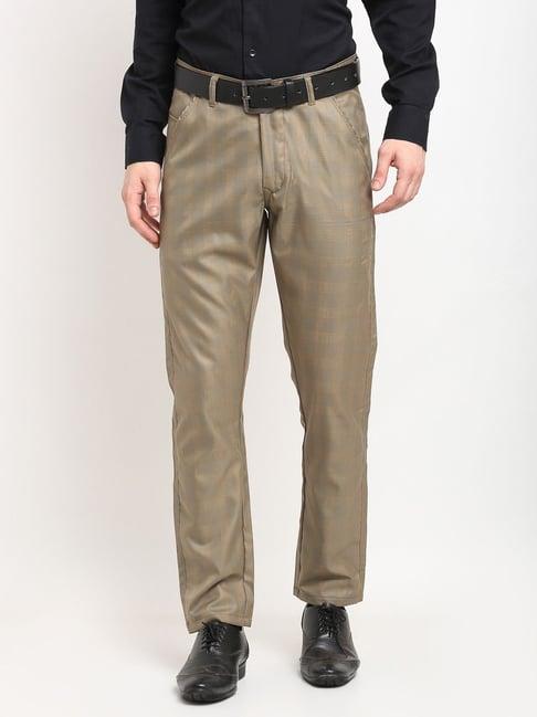 jainish brown cotton tapered fit checks flat front trousers