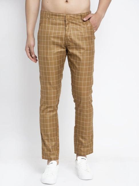 jainish brown cotton tapered fit checks trousers