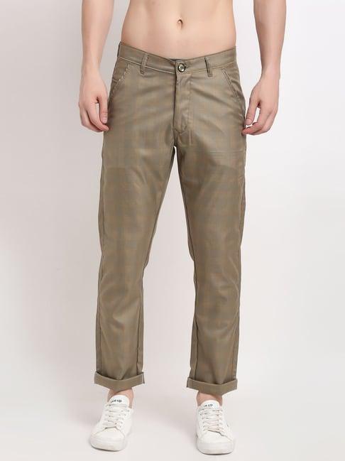 jainish brown cotton tapered fit checks trousers